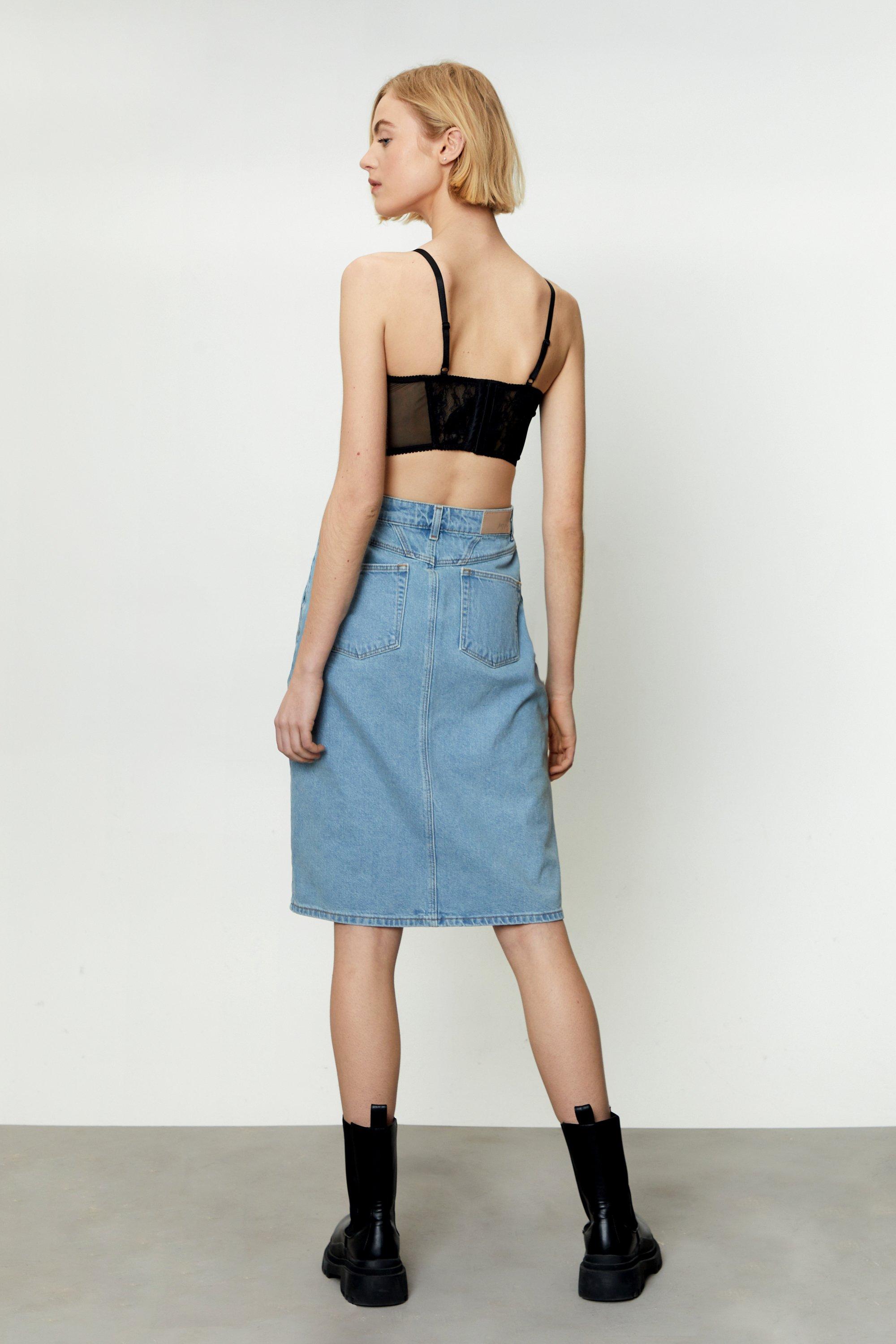 Denim button best sale down midi skirt